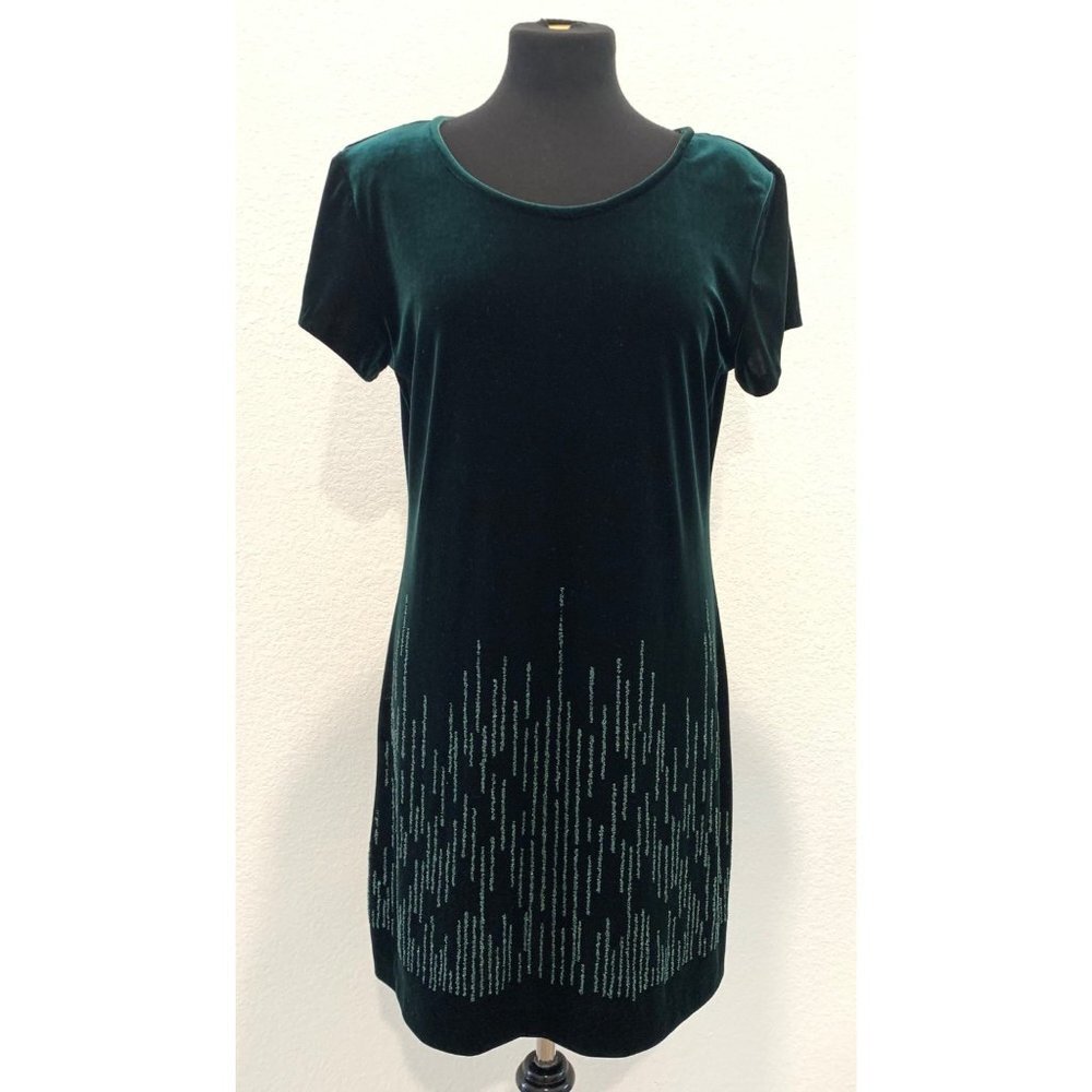 VINTAGE JEFFREY AND DARA EMERALD GREEN BEADED VELVET  SHORT SLEEVE DRESS 12